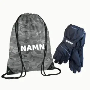 gYMPAPÅSE MED NAMN OCH SVARTA VINTER HANDSKAR TIL BARN MED NAMN