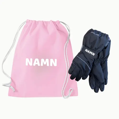ROSA GYMPAPÅSE OCH SVARTA HANDKSAR MED NAMN Handskar & rosa gympapåse