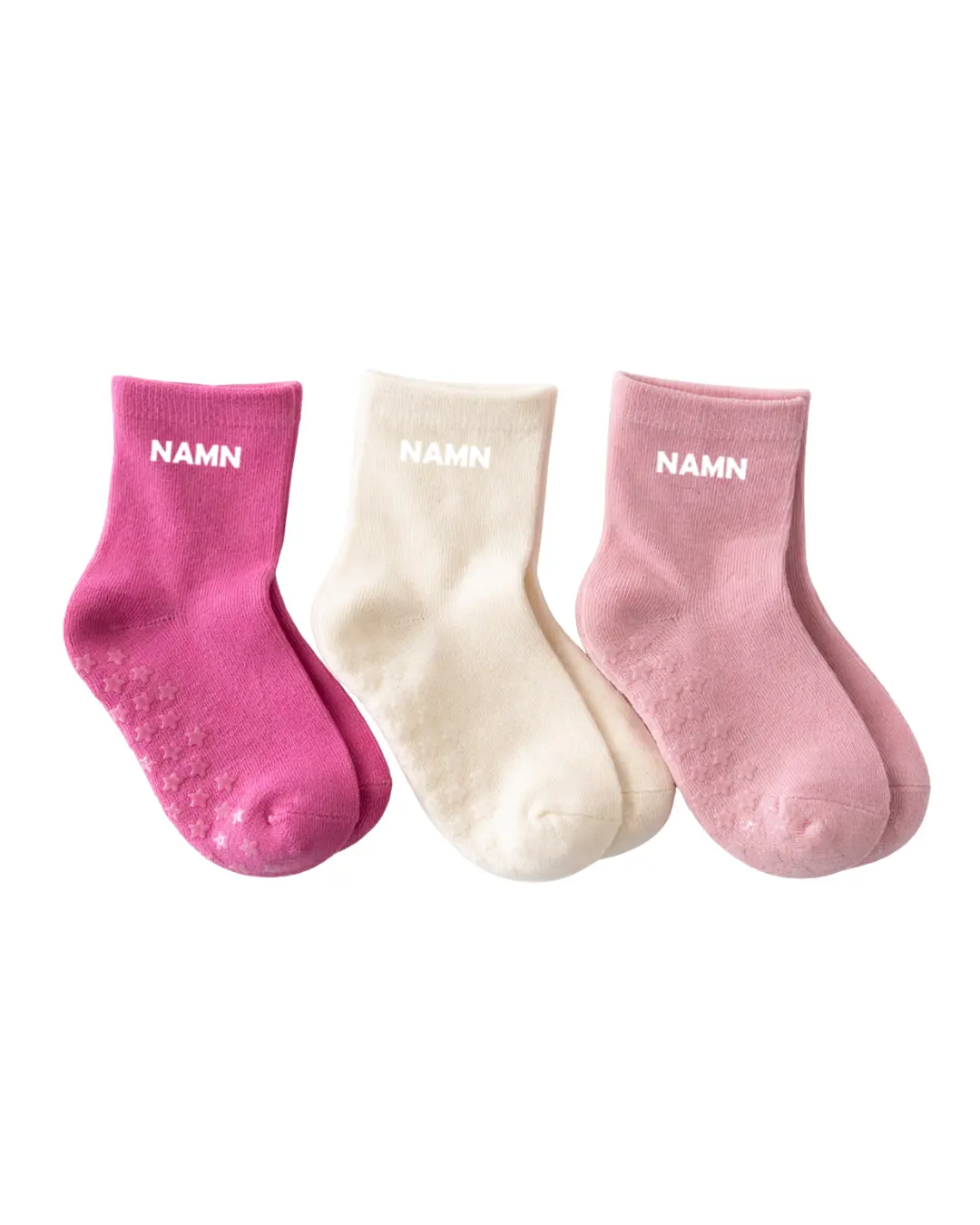 Halkstrumpor rosamix 3-pack! Rosa halkstrumpor för barn med eget namn tryckt – 3-pack med halkskydd